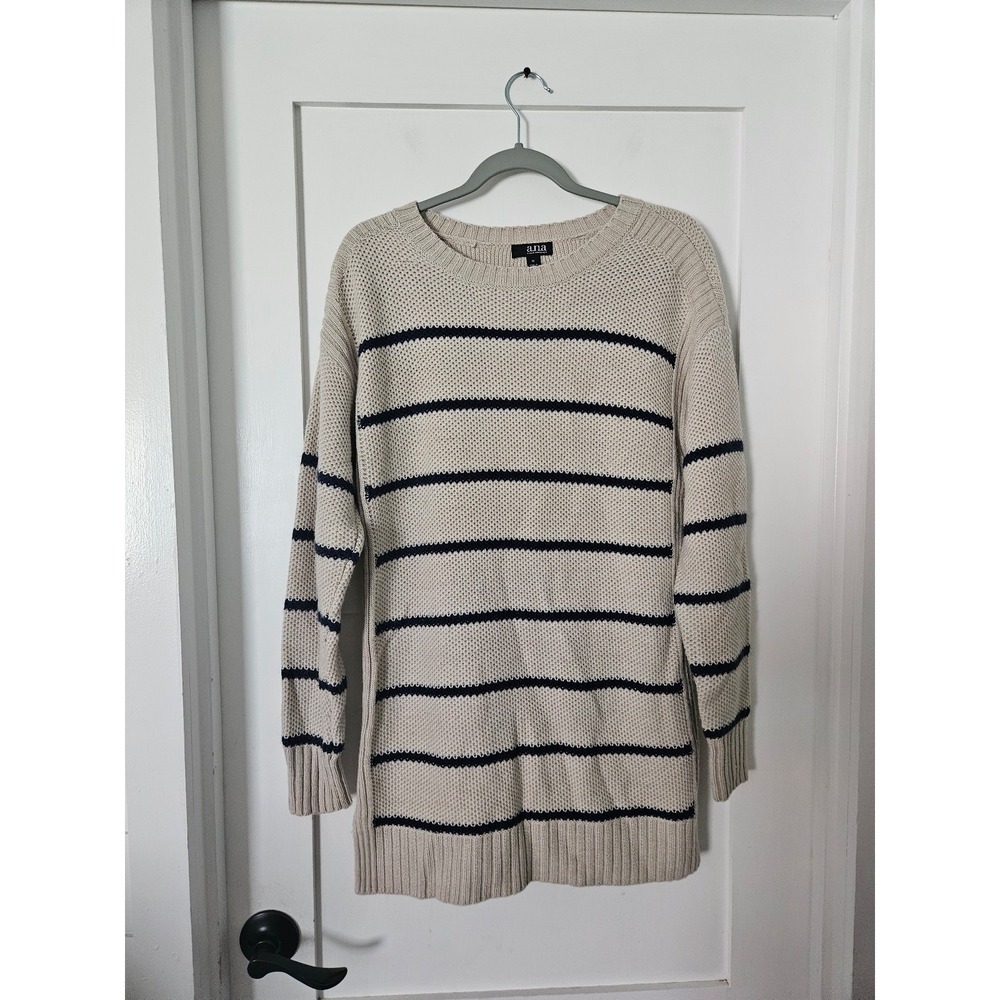 ANA A New Approach Striped Knit Sweater Medium M Cream Navy Blue Coastal Boho